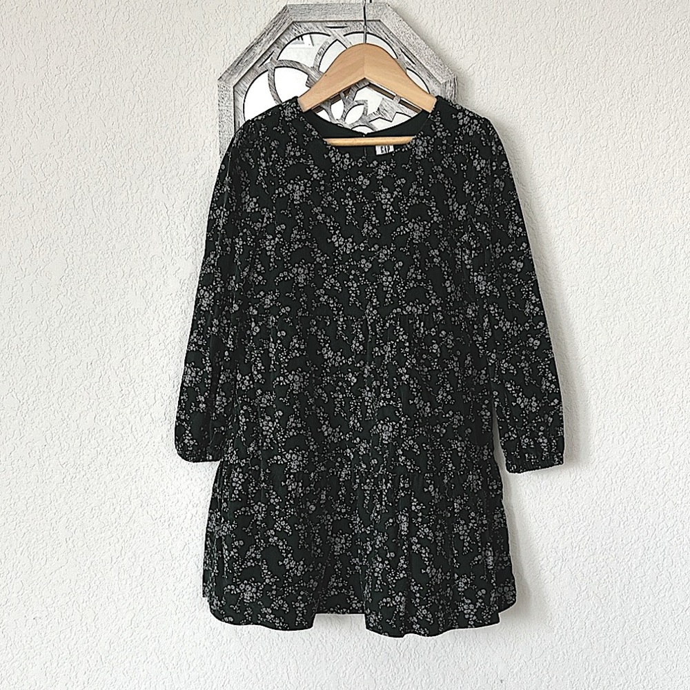 GAP • Girls Dark Green Floral Corduroy Long Sleeve Fit & Flare Dress
